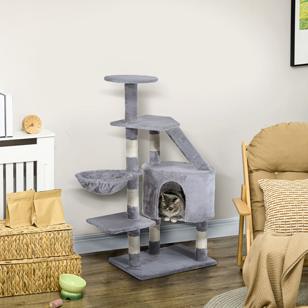 PawHut Cat Tree For Indoor Cats Kitten Scratching Post Scratch Scratcher Climb Activity Center Play House Pet Furniture 125cm (Grey)