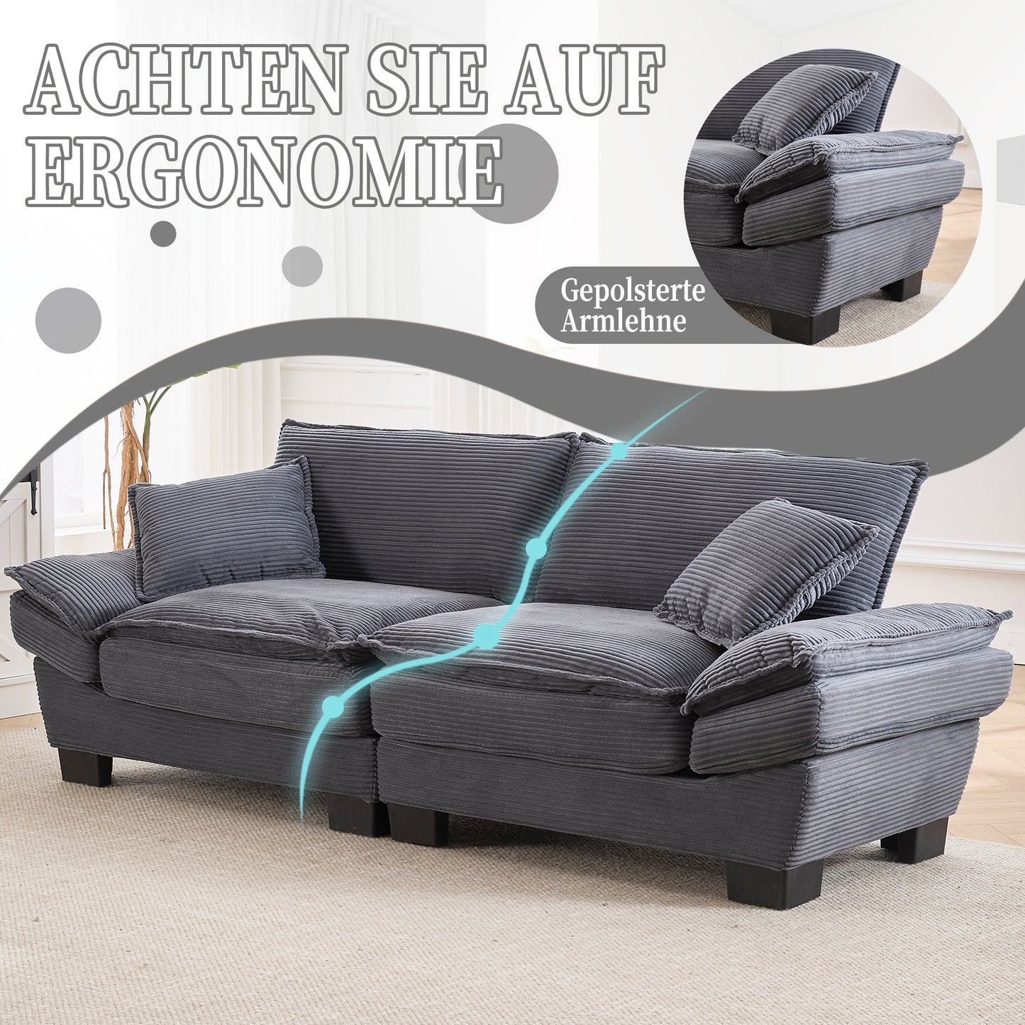 A Modern, Simple Double Sofa With A Feather Bed, Which Reaches A Pillow, Is Cosy, But Spacious And Spacious In The Living Room Bedroom Office, Dark Grey