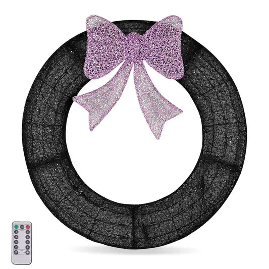 36in Pre-lit Outdoor Christmas Wreath Decoration, Lighted Metal Wreath With Purple Bow, Remote Control LED Lights With Timer, For Front Door Gate Wall Indoor Outdoor Holiday Party