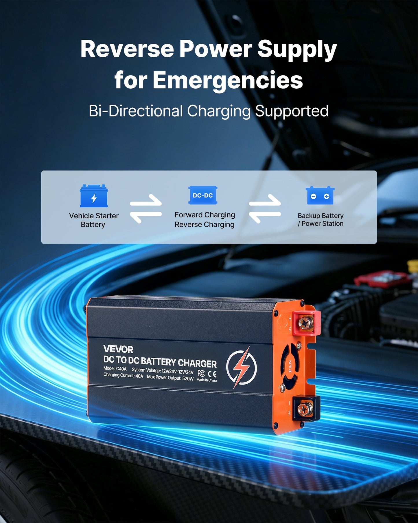 DC To DC Battery Charger, 520W, 40A Alternator Charger, Fast DC-DC Charging For Portable Power Stations, Compatible With LiFePO4 Lead-Acid AGM GEL Batteries, 12V/24V-12V/24V, For RV Home Backup