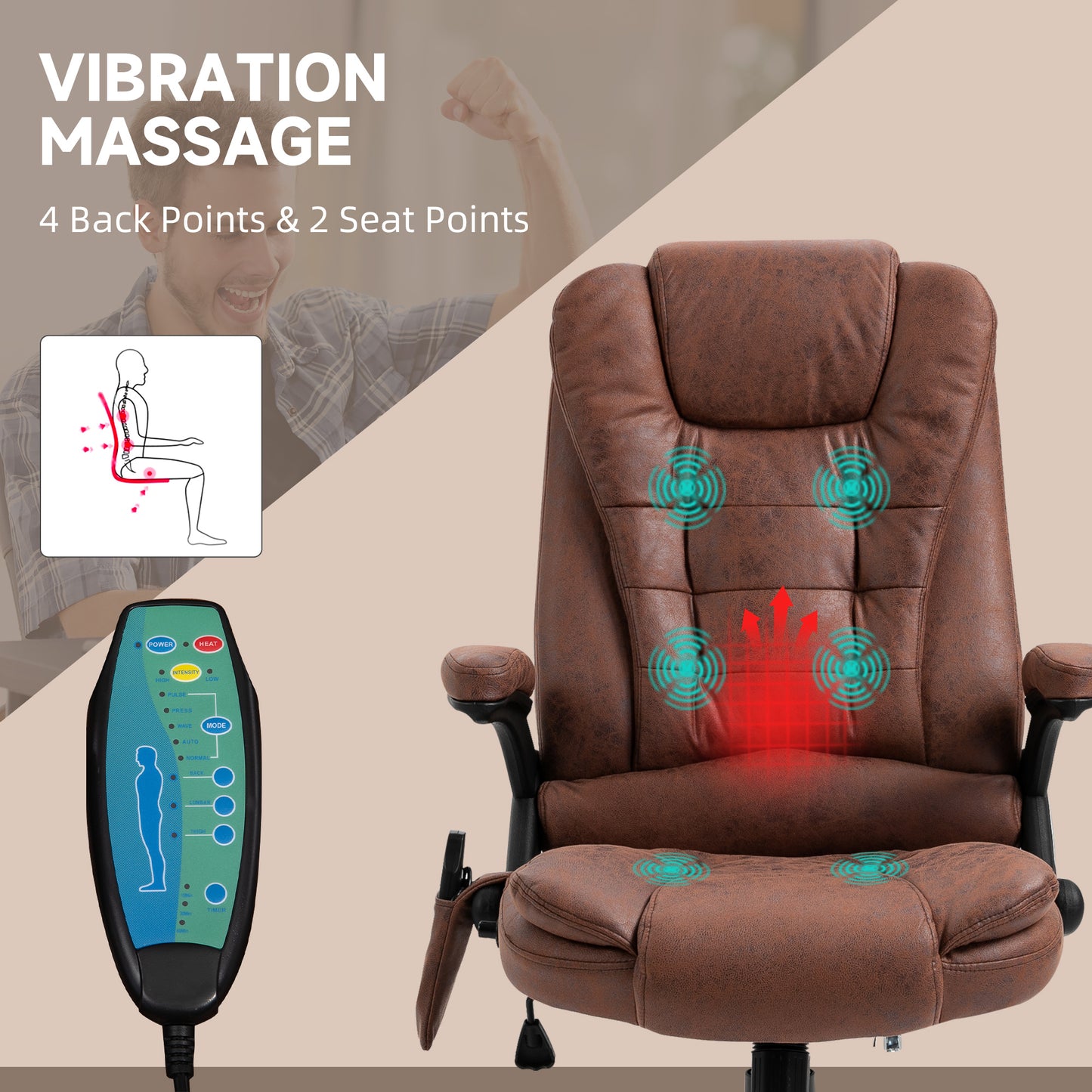 Vinsetto Massage Recliner Chair Heated Office Chair With Six Massage Points Microfiber Cloth 360° Swivel Wheels Brown