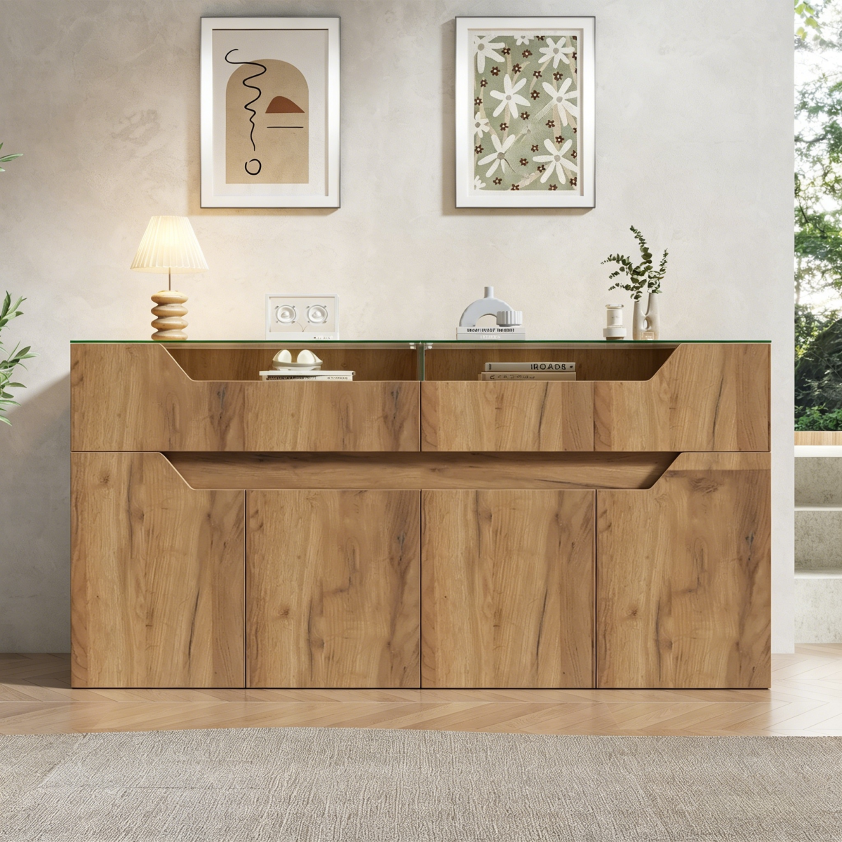 Sideboard With Tempered Glass Top, 140x40x70cm Wood Look Chest Of Drawers With 2 Drawers, MDF Storage Cabinet For Dining Room & Living Room, 30kg Load Capacity