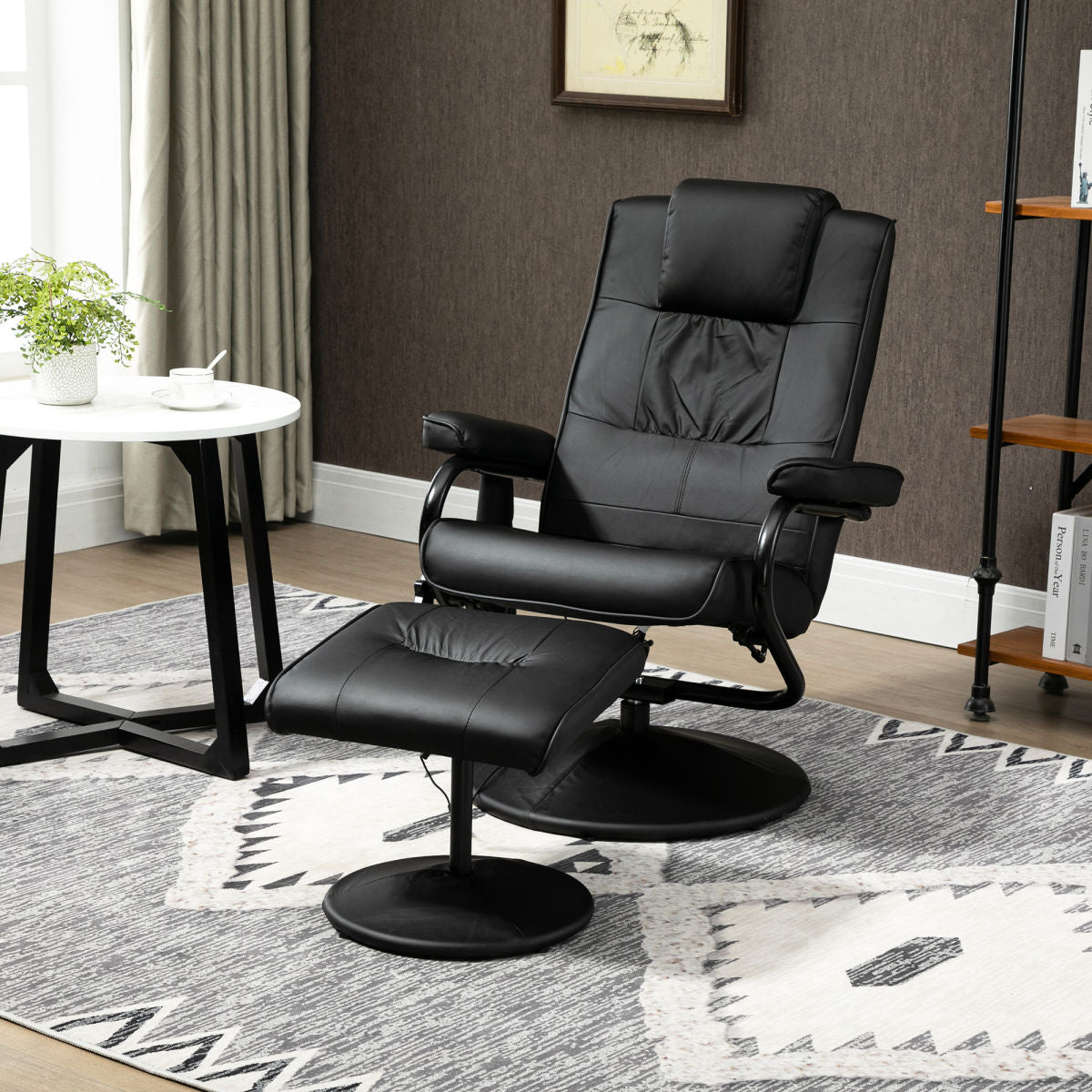 Swivel Recliner Chair And Footstool, Faux Leather Massage Recliner Armchair With Remote Control And Round Wrapped Base, Black