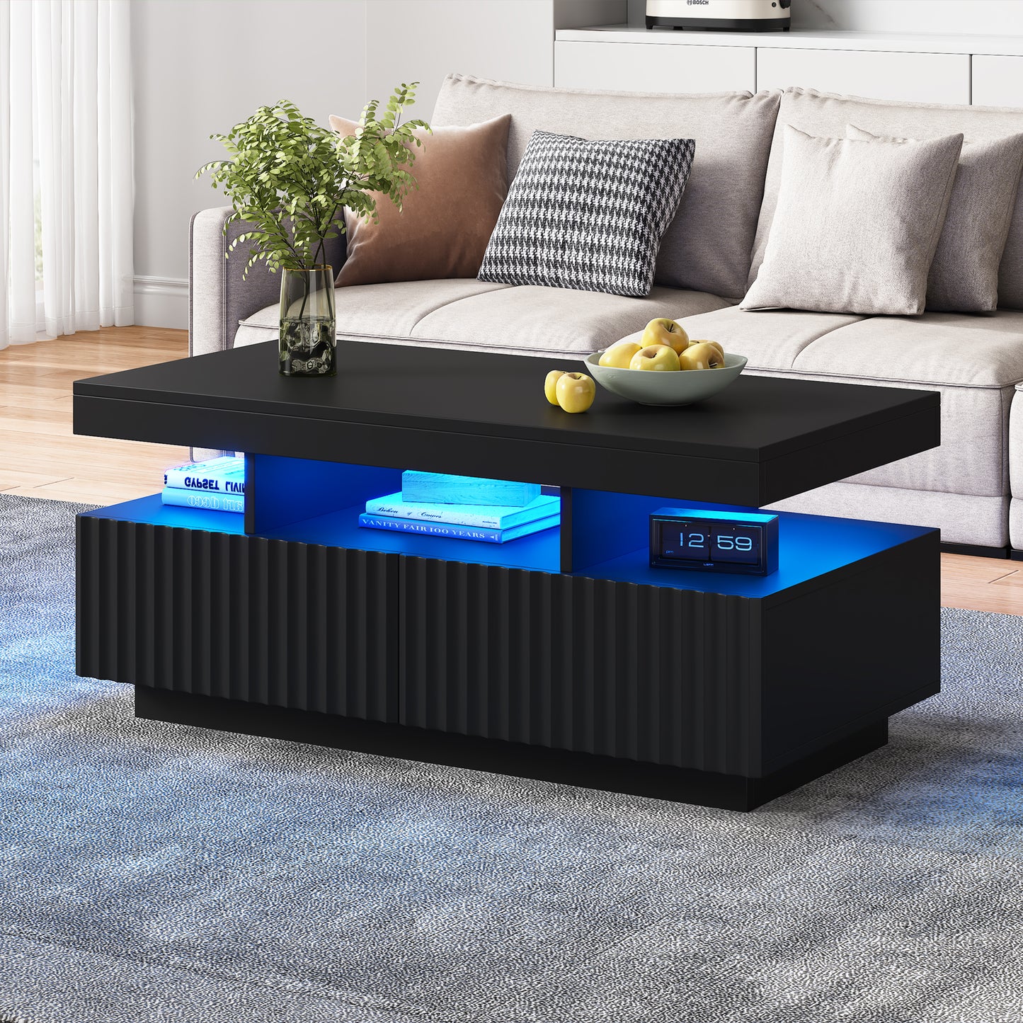 100 X 50 X 45 Cm Large Coffee Table With Two Drawers,Vertical Striped, Vacuum Molded Tea Table, Living Room Table,Coffee Table With LED Light Bar,Black