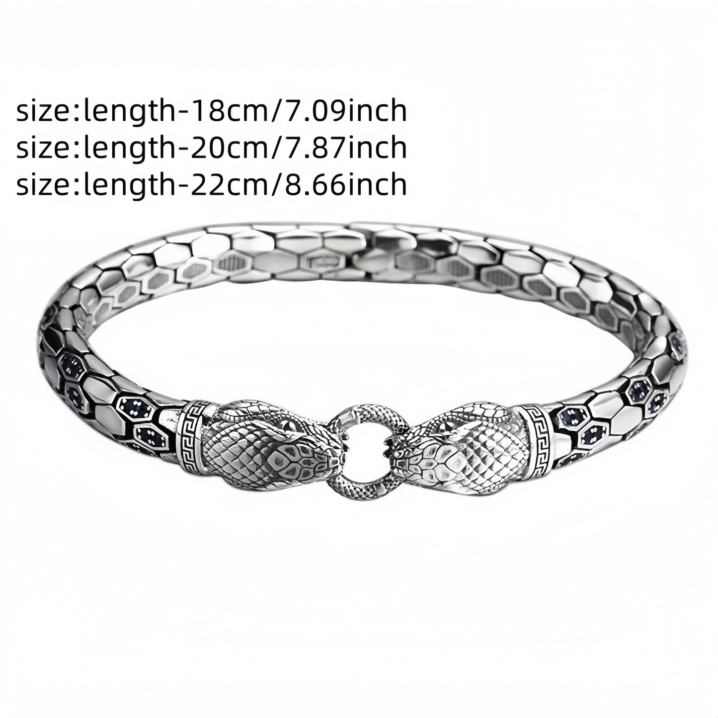 Dual Snake Head Honeycomb Scale Bracelet For Men, Copper Plated Silver Inlaid Black CZ Antique Oxidized Gothic Biker Vintage Wrist Jewelry Gift