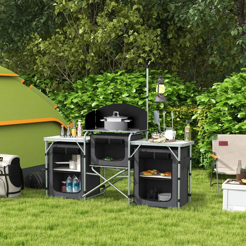 Aluminum Camping Kitchen, Portable Folding Camping Table With Fabric Cupboards, Windshield, Bag For BBQ, Picnic, Black