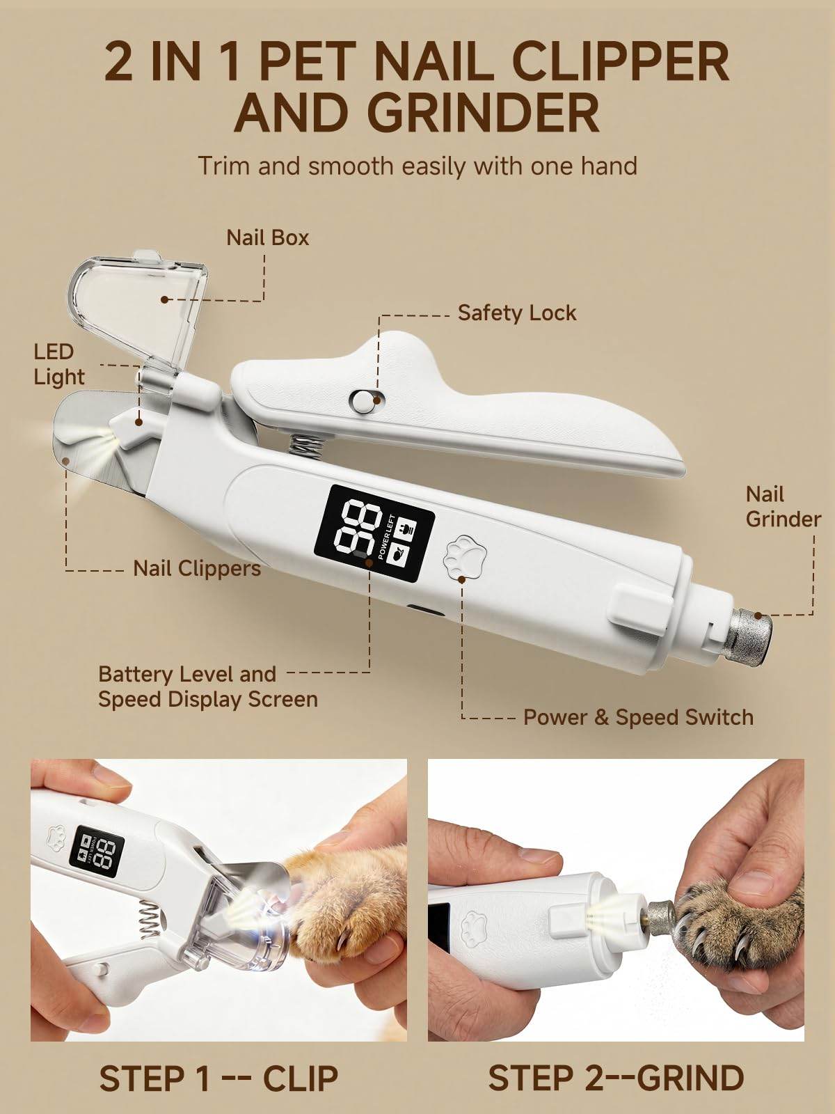 Dog Nail Clippers With Light, 2-in-1 Nail Clipper & Grinder Trimmer For Large Medium Small Dogs Cats, USB Rechargeable, Dual LED Quick Sensor & Safety Guard Portable Home Pet Grooming Tool