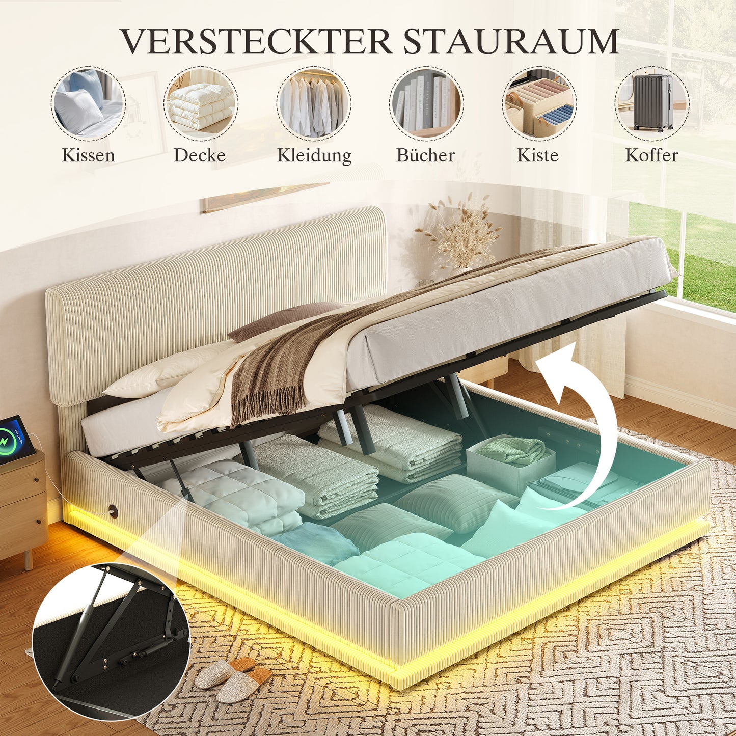 Modern Upholstered Beds With LED Lighting And USB-C Charging Function, Height-adjustable Headboard, Corduroy Fabric, Sturdy Slatted Frame, Large Underblanket Storage Space And Comfortable Upholstered