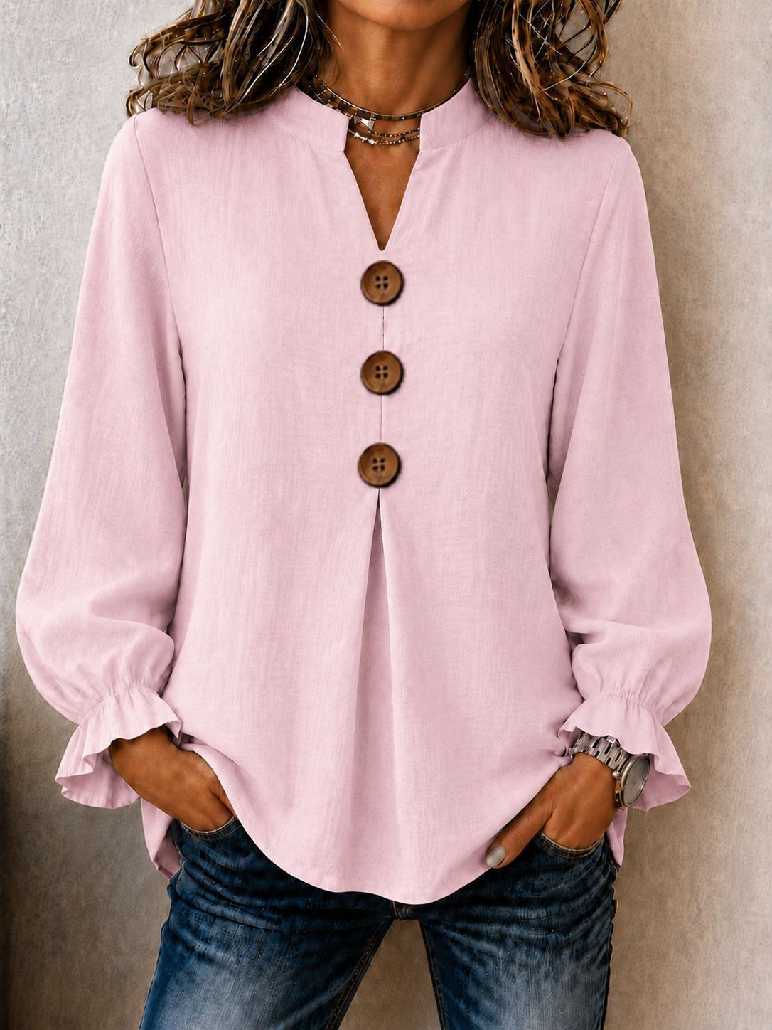 New Womens Fashion Long-sleeve V-neck Solid-color Button-up Top For Fall And Winter
