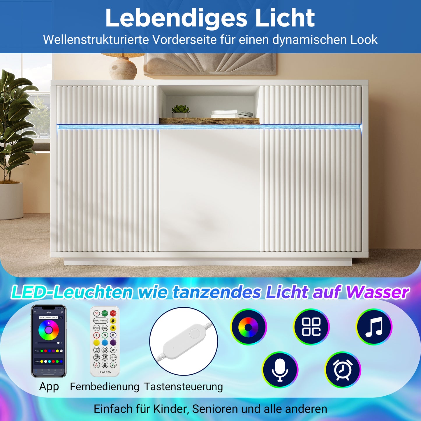 Sideboard White With LED 140x40x85 Cm, Chest Of Drawers With 2 Drawers And 3 Doors, Cabinet With Adjustable Shelves, Modern Living Room Cabinet Hallway Kitchen Cabinet