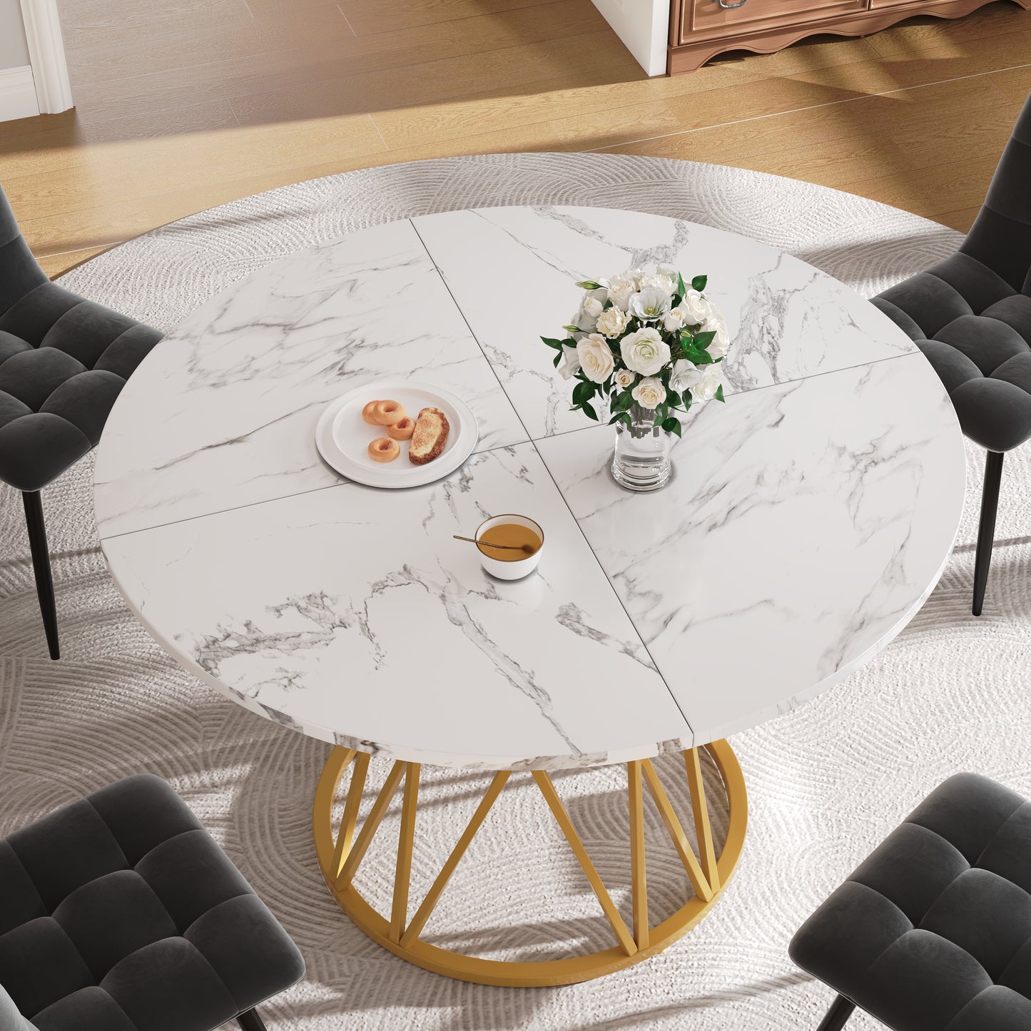 Round Dining Table  100x100x76cm , Kitchen Dining Table, Round Coffee Table For 4 People, Suitable For Dining Room, Living Room, Stylish Metal Table Legs, MDF Marble Table Top, Gold