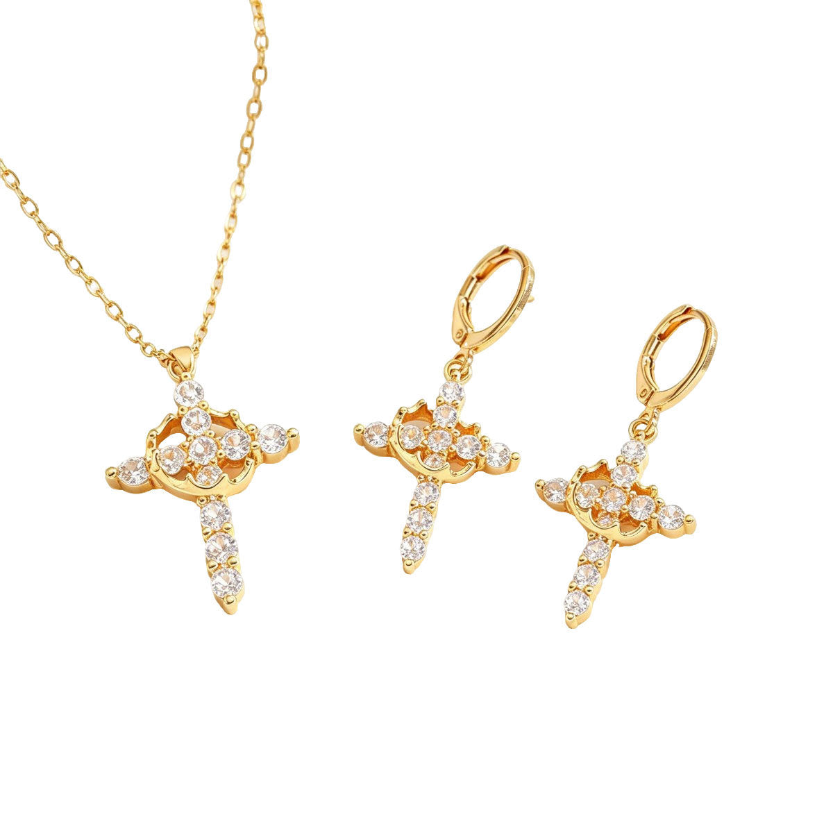 European American Women Jewelry Set, Unique Crown & Cross Pendant Clavicle Necklace & Matching Drop Earrings, Sparkling Cubic Zirconia Inlaid Versatile Daily Neck Ear Accessories