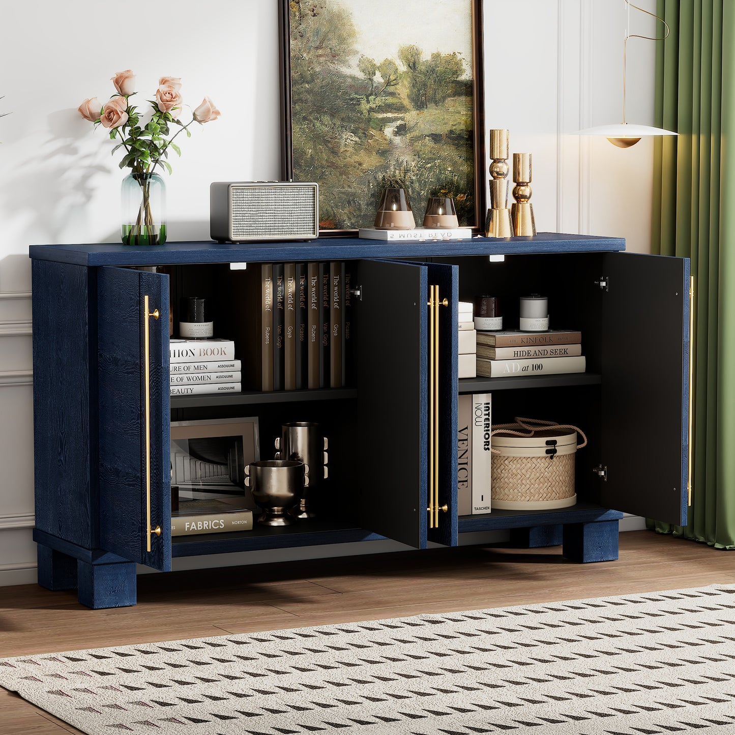 TREXM Sideboard Buffet Cabinet With Storage  Wood Sideboard With Adjustable Shelves And Gold Handles For Kitchen  Dining Room And Living Room  Antique Navy