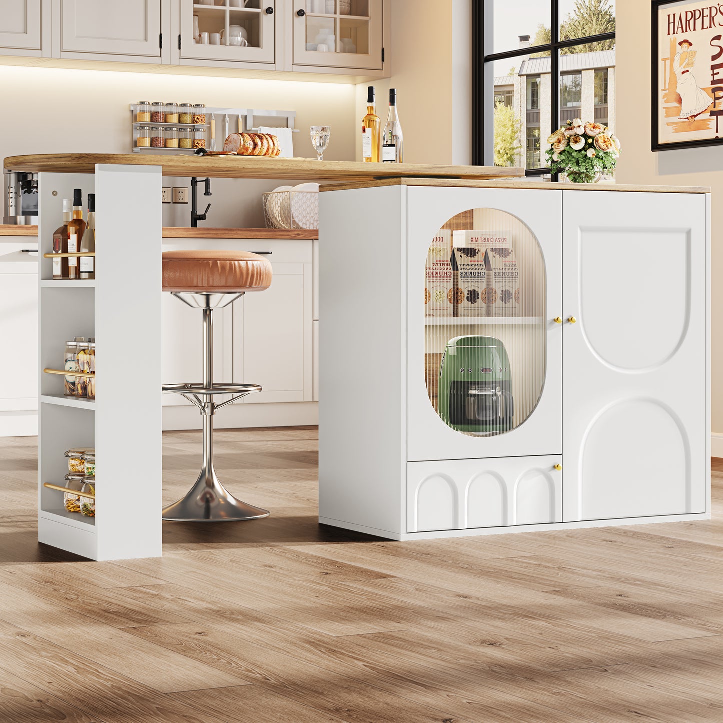 360 Rotatable Bar Table, Bar Table  Body 138 X 39 X 102 Cm , Coffee Bar Furniture, Swivel Dining Counter With Storage Space, Kitchen Island, Three Doors With Door Shelves, Removable Dividers, White