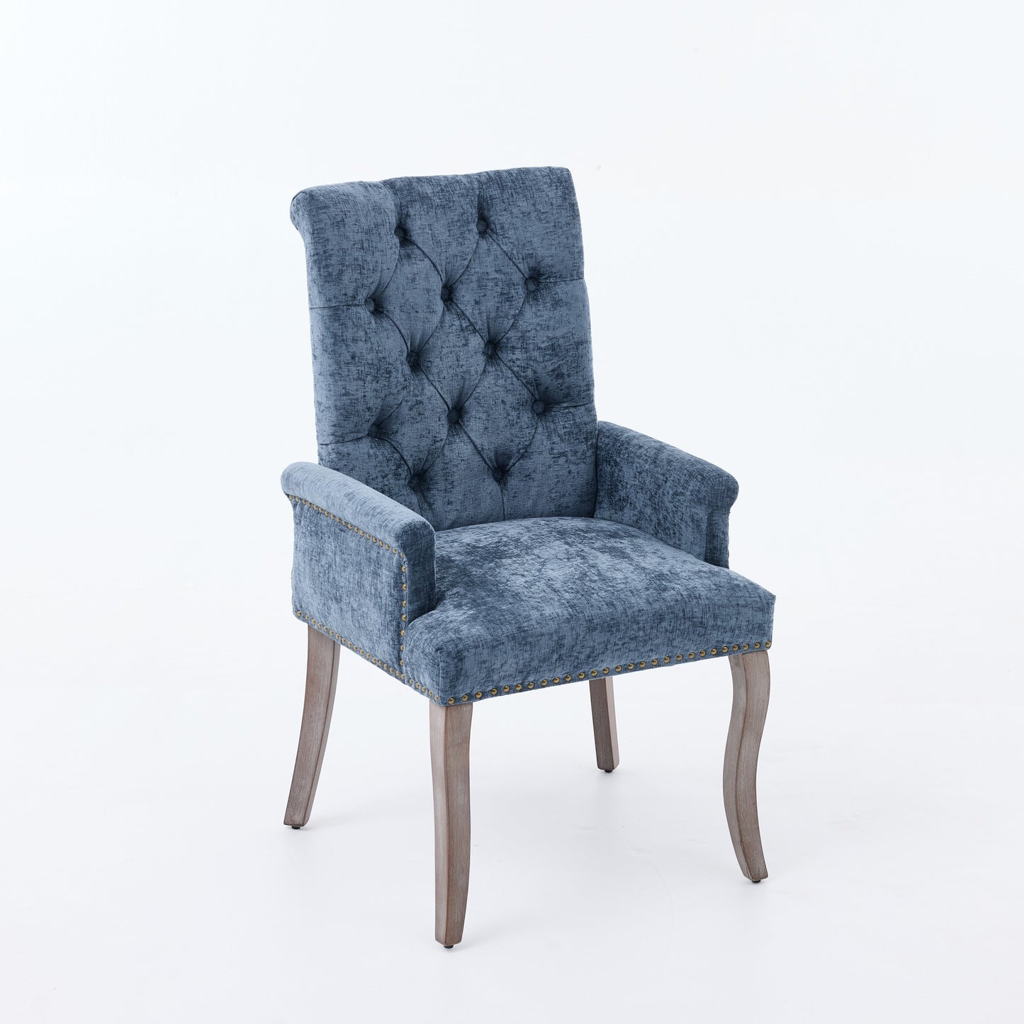Upholstered Chenille Fabric Accent Dining Chair, Curved Solid Wood Legs, Elegant Tufted Club Dining Room Kitchen Room Arm Dining Chair, Single Pack,Blue,SW1895BL