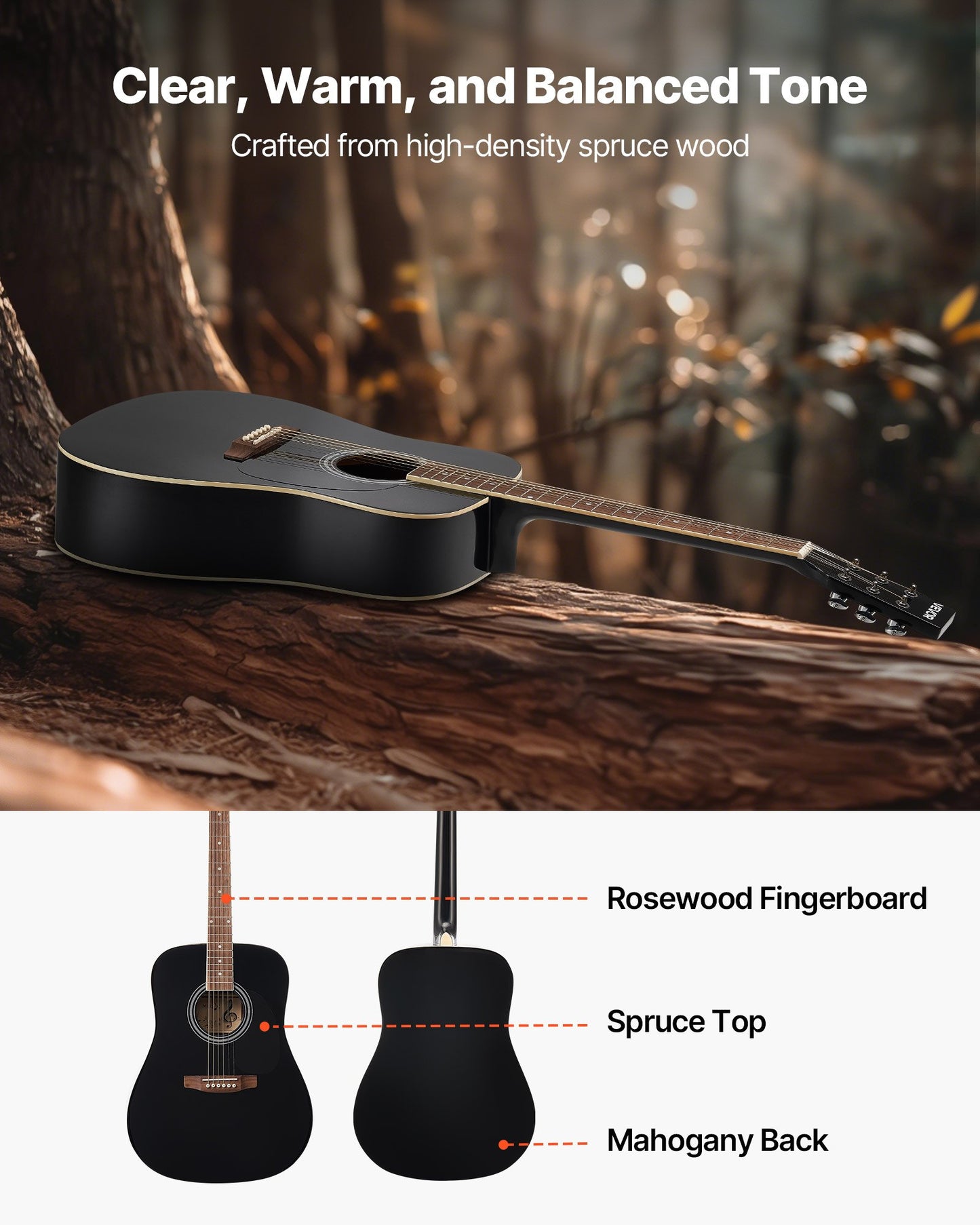 Dreadnought Acoustic Guitar, 41 In, 6-String Black Solid Spruce Top Guitar, Beginner Bundle With Gig Bag, Tuner, Strap, Steel Strings, Picks, Capo, Rosewood Fingerboard, For Adult Taller Player