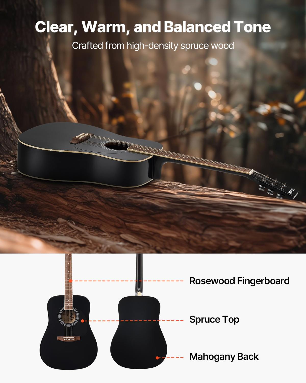Dreadnought Acoustic Guitar, 41 In, 6-String Black Solid Spruce Top Guitar, Beginner Bundle With Gig Bag, Tuner, Strap, Steel Strings, Picks, Capo, Rosewood Fingerboard, For Adult Taller Player