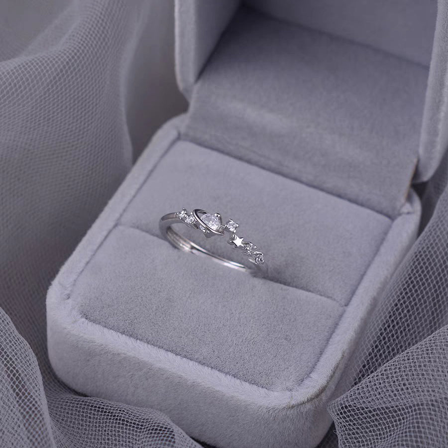 1 Piece 999 Sterling Silver Saturn & Star CZ Ring, Delicate Celestial Style, For Daily Wear & Valentine's Gifts