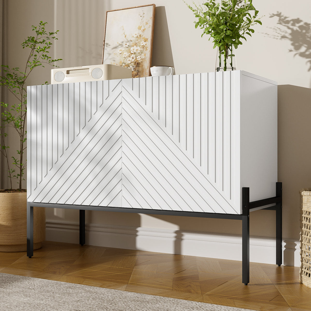 Modern Sideboard Cabinet With 2 Doors And Metal Legs, Buffet Storage Cabinet With Line Design, Accent Cabinet For Living Room, Dining Room & Entryway, 100 X 40 X 75 Cm