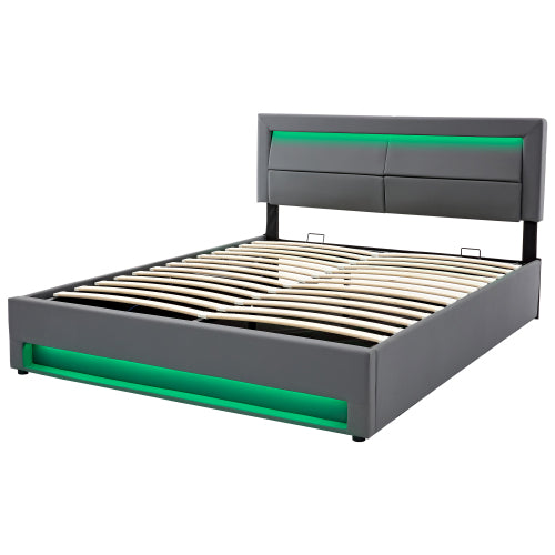 Upholstered Bed 135 X 190 Cm,Double Bed-4ft6,with USB Port Supports Wireless And Wired Charging, With LED Lighting And Storage Space, Without Mattress, PU-Lychee Design, Gray