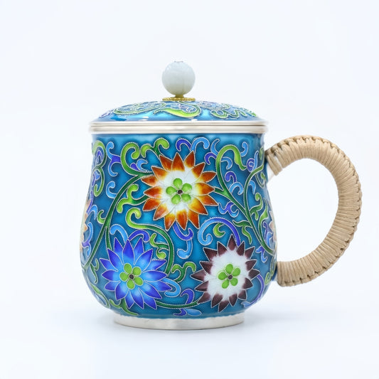 925 Sterling Silver Handcrafted Cloisonné Enamel Blue Floral Tea Mug with Lid and Rattan Handle - Handicraft