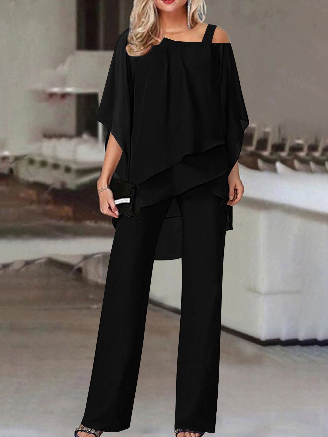 Cold Shoulder Asymmetrical Ruffle Blouse & High Waist Wide Leg Pants Set For Women Casual Elegant Two Piece Outfit Casual Office Wear