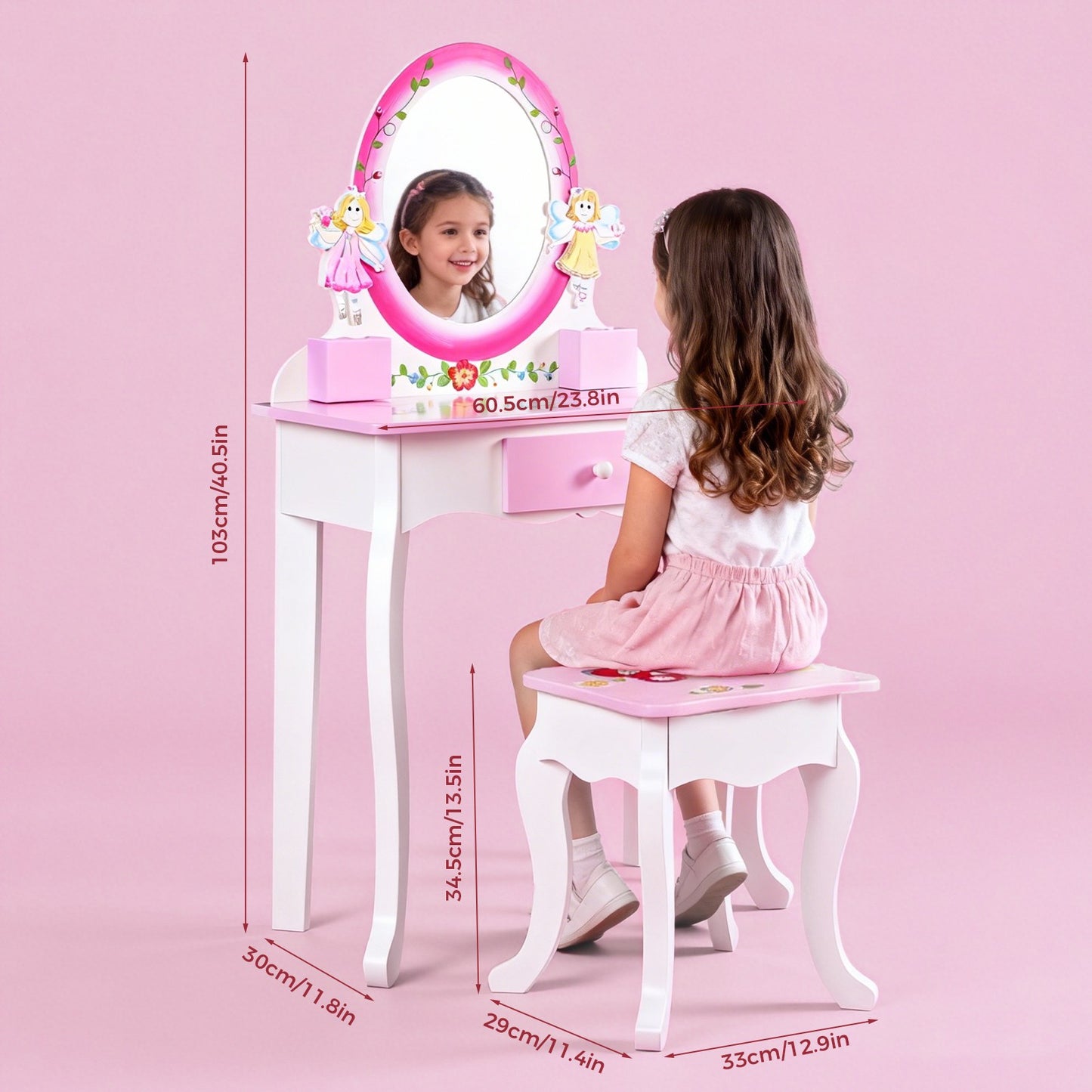 Kids Vanity Set Floral Printed Wooden Makeup Dressing Princess Table With Mirror And Stool For Role Playing Pink