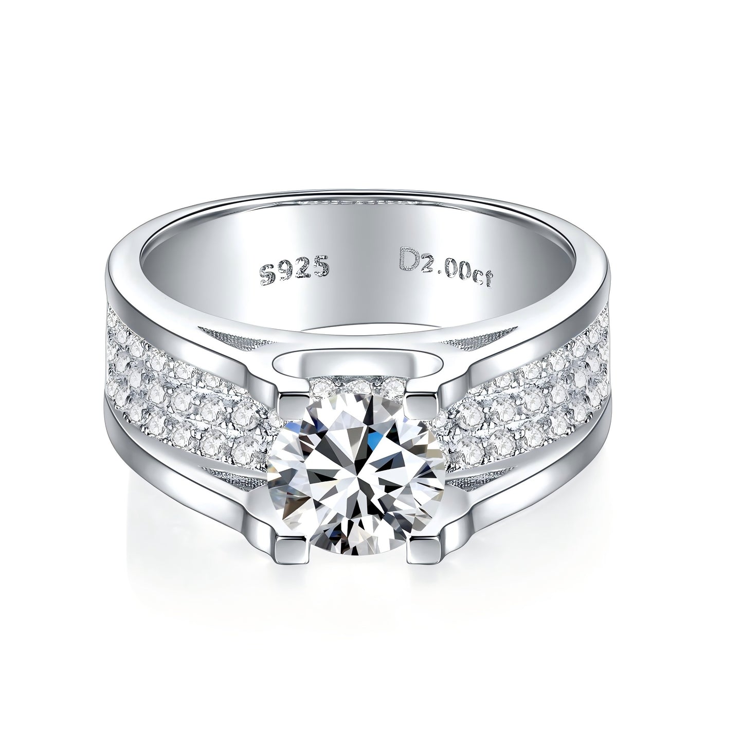 S925 Sterling Silver Wide Band Moissanite Ring, 1&2ct D-VVS1 Split Shank Pave Design, Platinum Plated US Sizes 5-9, GRA Certified Gift Box