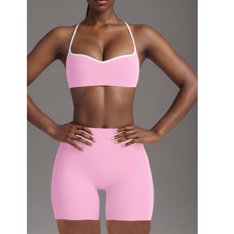 Women's Simple Nude Feel Beauty Back Exercise Contrast Color Bra Yoga Pants