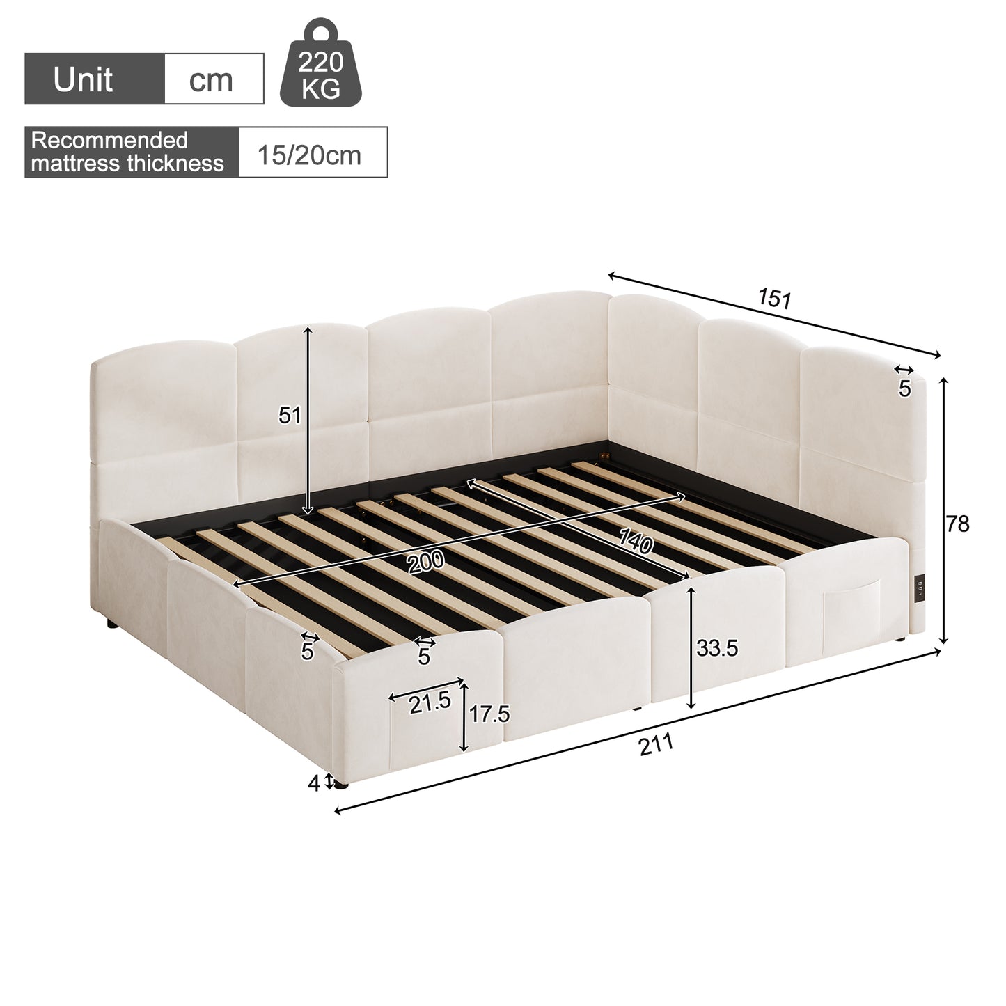 Sofa Bed, Children's Bed, Day Bed, Storage Room Bed, Sleeping Sofa 140x200 Cm, With Latte Bed, USB Charging Device, Storage Pocket, Youth Bed And Adult Children's Bed, Velvet, Beige Without Mattress