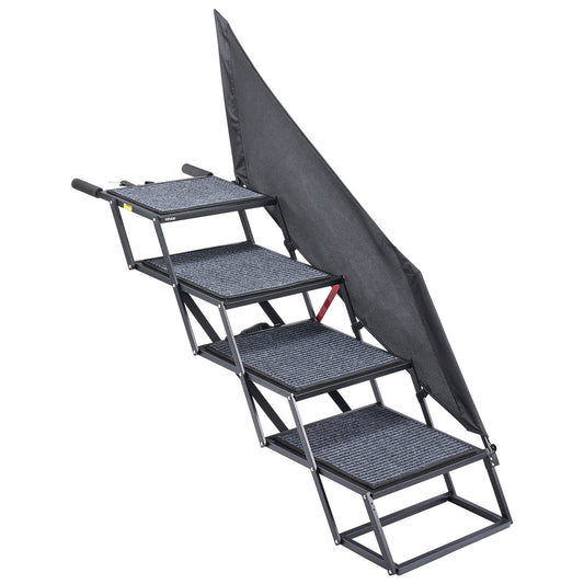 Dog Stairs For Car, 4 Steps Extra Wide Foldable Dog Ramp For Large Dogs With Non-Slip Rug Surface, Portable Lightweight Pet Ladder For Car, SUV, Truck, High Beds, Sofas, Support Up To 400 Lbs