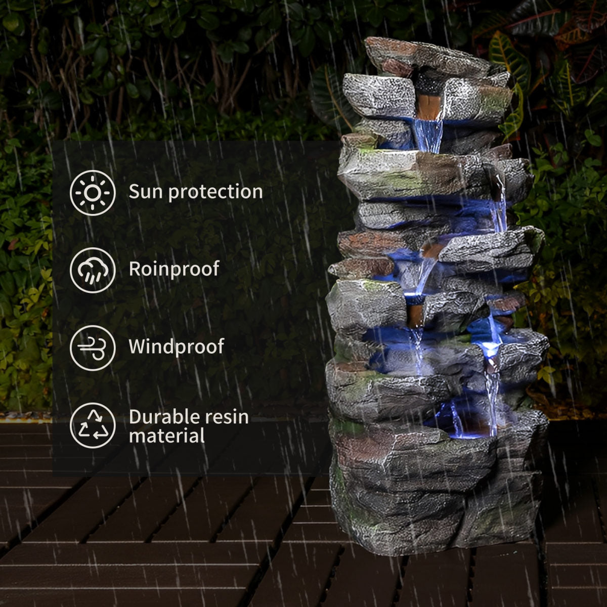 Rock Waterfall Outdoor Fountain With LED Lights Stone Garden Fountains Outdoor For Patio Lawn Cascading Tiered Outdoor Water Fountain