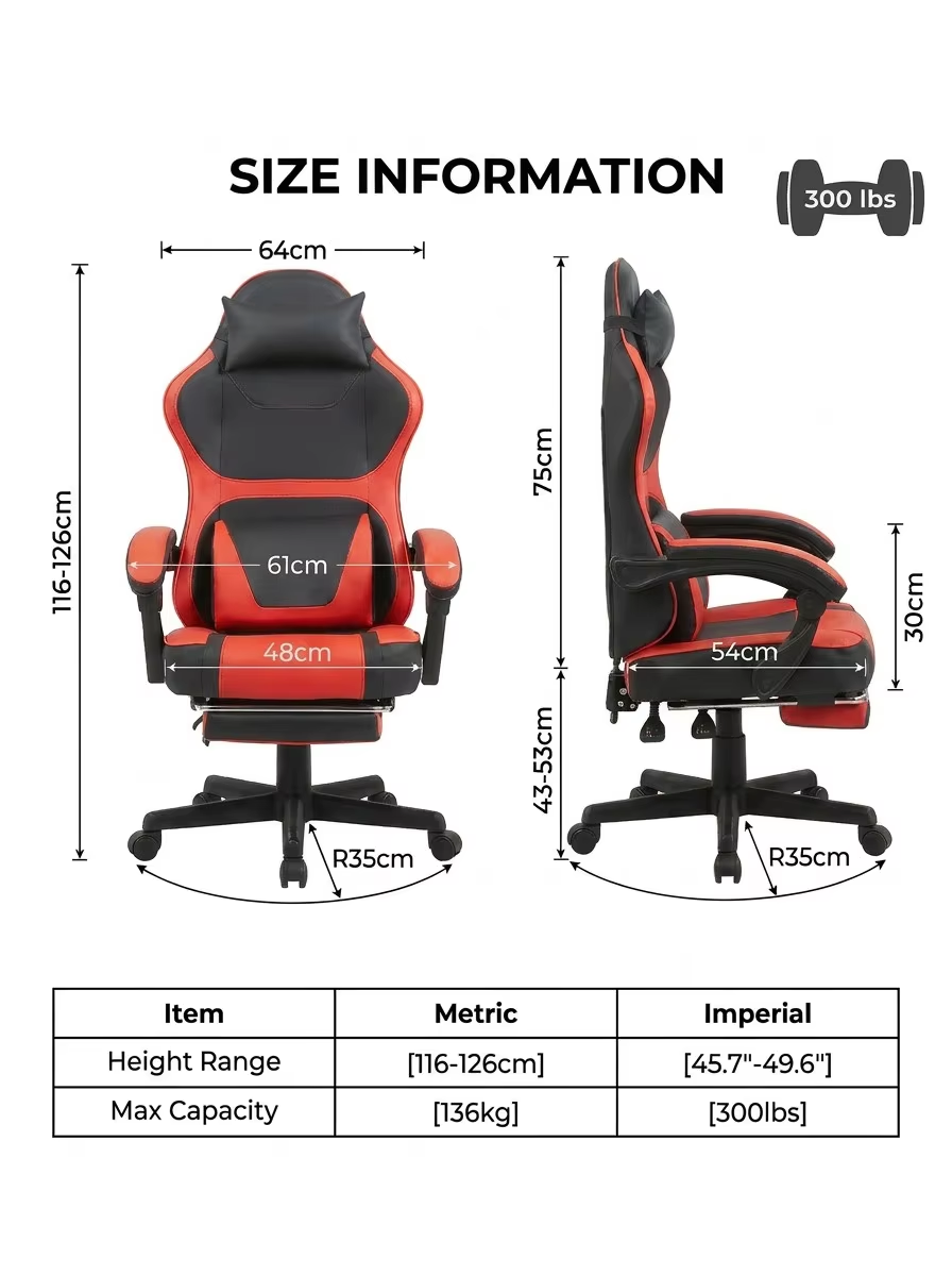 Ergonomic Gaming Chair In Black And Red, Equipped With An Extendable Footrest And A Double Cushion For The Lumbar Area - Ideal For Home Office And Relaxation Breaks