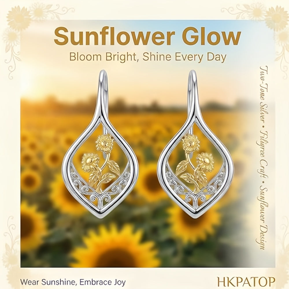 Sunflower Earrings 925 Sterling Silver Filigree 18K Gold Plated Leverback Hoop Dangle Earrings Sunflower Jewelry Gift for Women