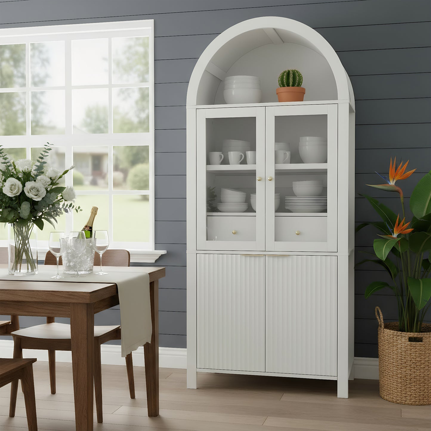 71  Fluted Tall Arched Pantry Cabinet With Adjustable Shelves, Elegant Display Storage With Hidden Drawer & Glass Door For Kitchen, Living Room, Dining Room, White