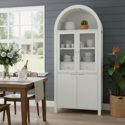 71  Fluted Tall Arched Pantry Cabinet With Adjustable Shelves, Elegant Display Storage With Hidden Drawer & Glass Door For Kitchen, Living Room, Dining Room, White