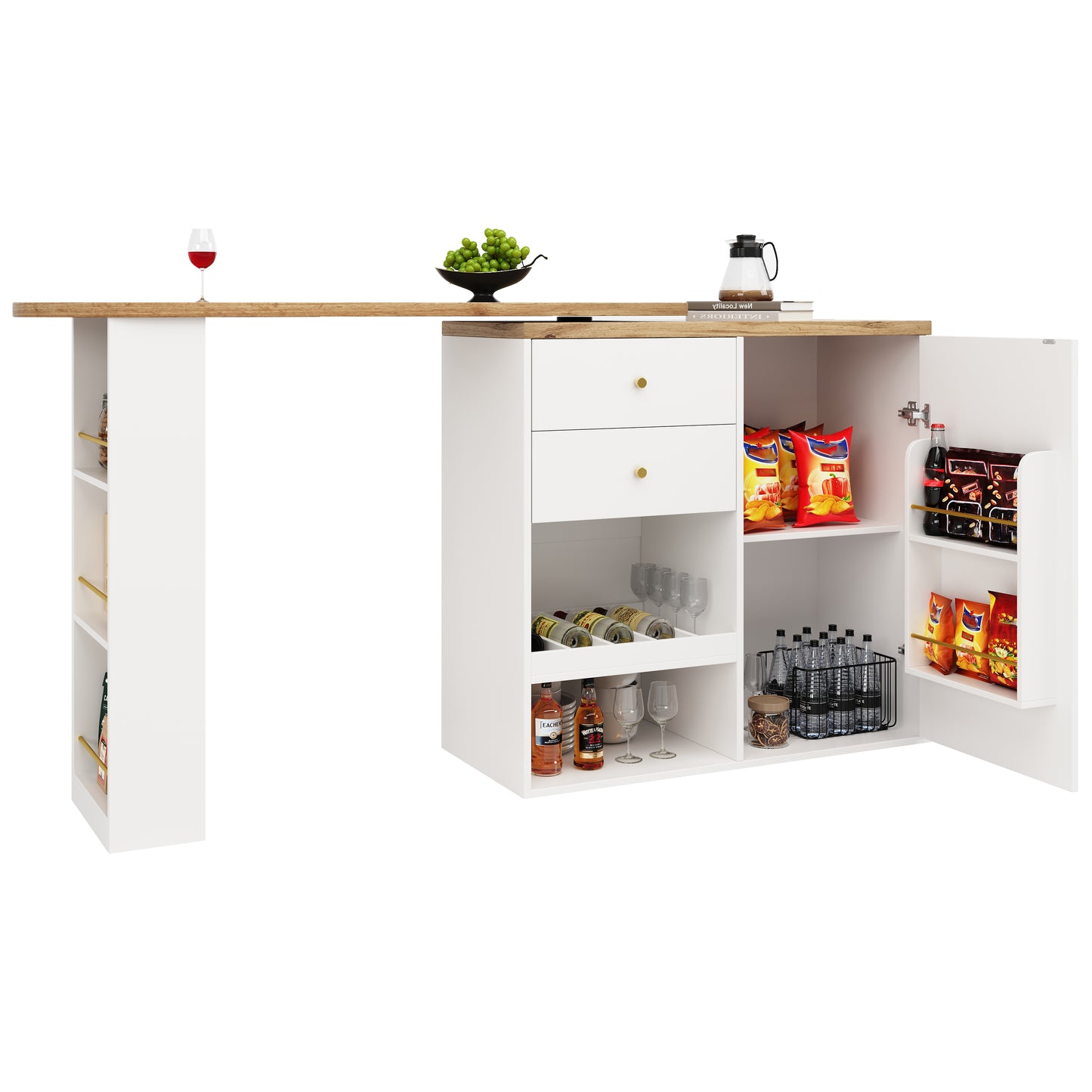 Swivel Bar Table  Main Body 105 X 39 X 102 Cm , With 2 Drawers And Sliding Door Cabinet, 3 Levels Of Open Storage, Suitable For Dining Room Study Living Room, Etc