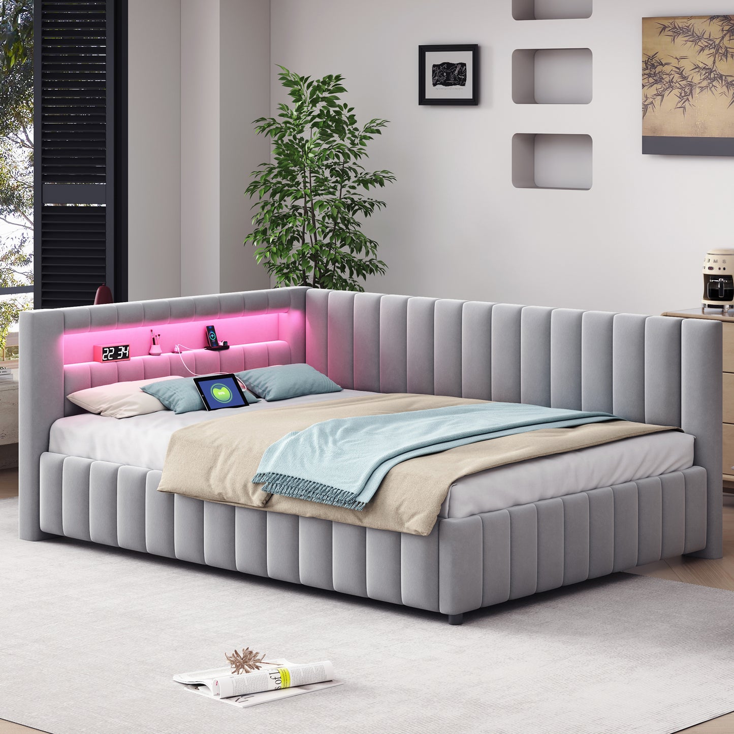 Upholstered Bed Sofa Bed 140x200, Upholstered In Velvet Fabric With LED Light And USB Charging Port, With Backrest, Headboard And Sturdy Bed Frame Grey