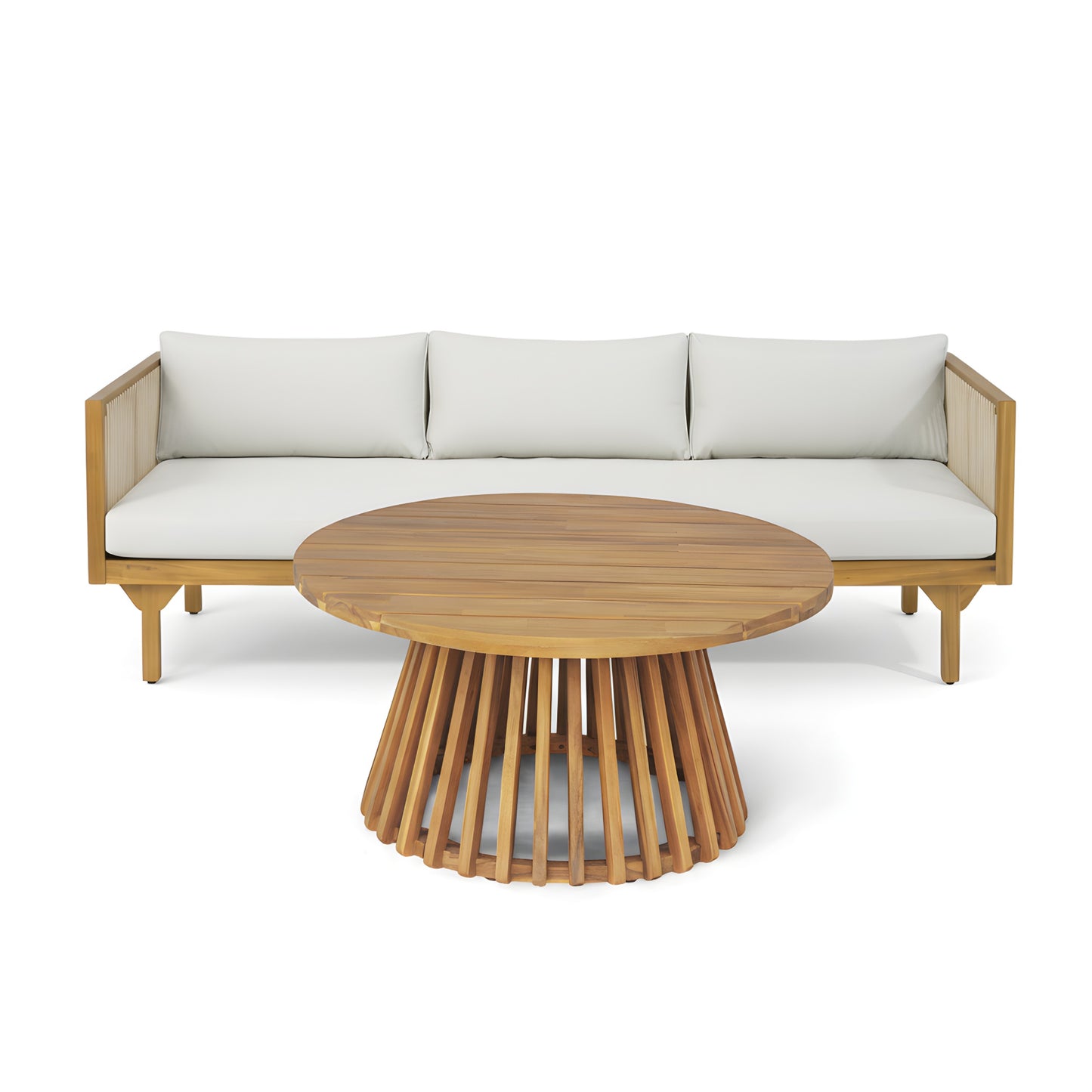 2-Piece Outdoor Patio Set Sofa With Light Gray Cushions & Light Brown Rope Back   Round Acacia Wood Coffee Table, Teak Finish, Water Repellent, 600 Lbs Sofa Capacity