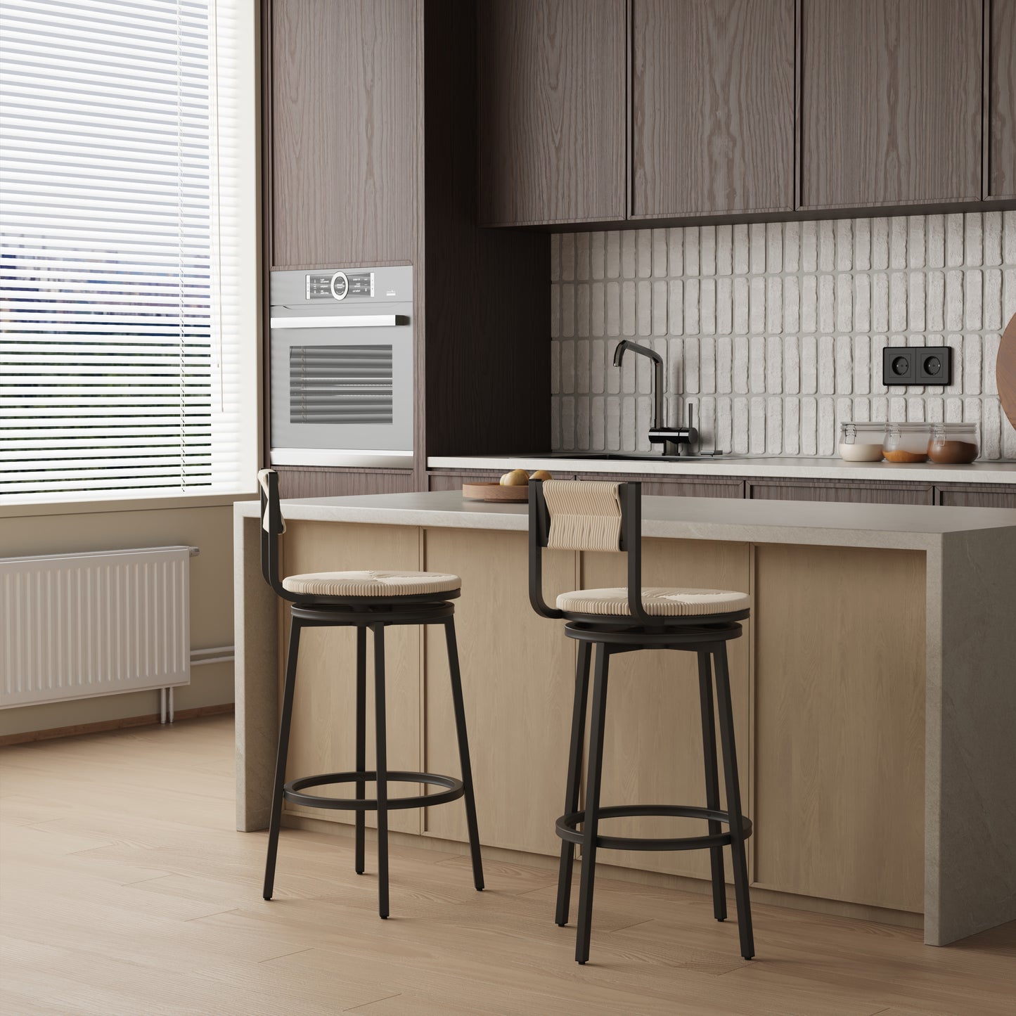 Creamy White Bar Stools Swivel Counter Chairs With Metal Frame Set Of 2 Hand Woven Paper Rope Dining Barstools For Kitchen Counter  Creamy White