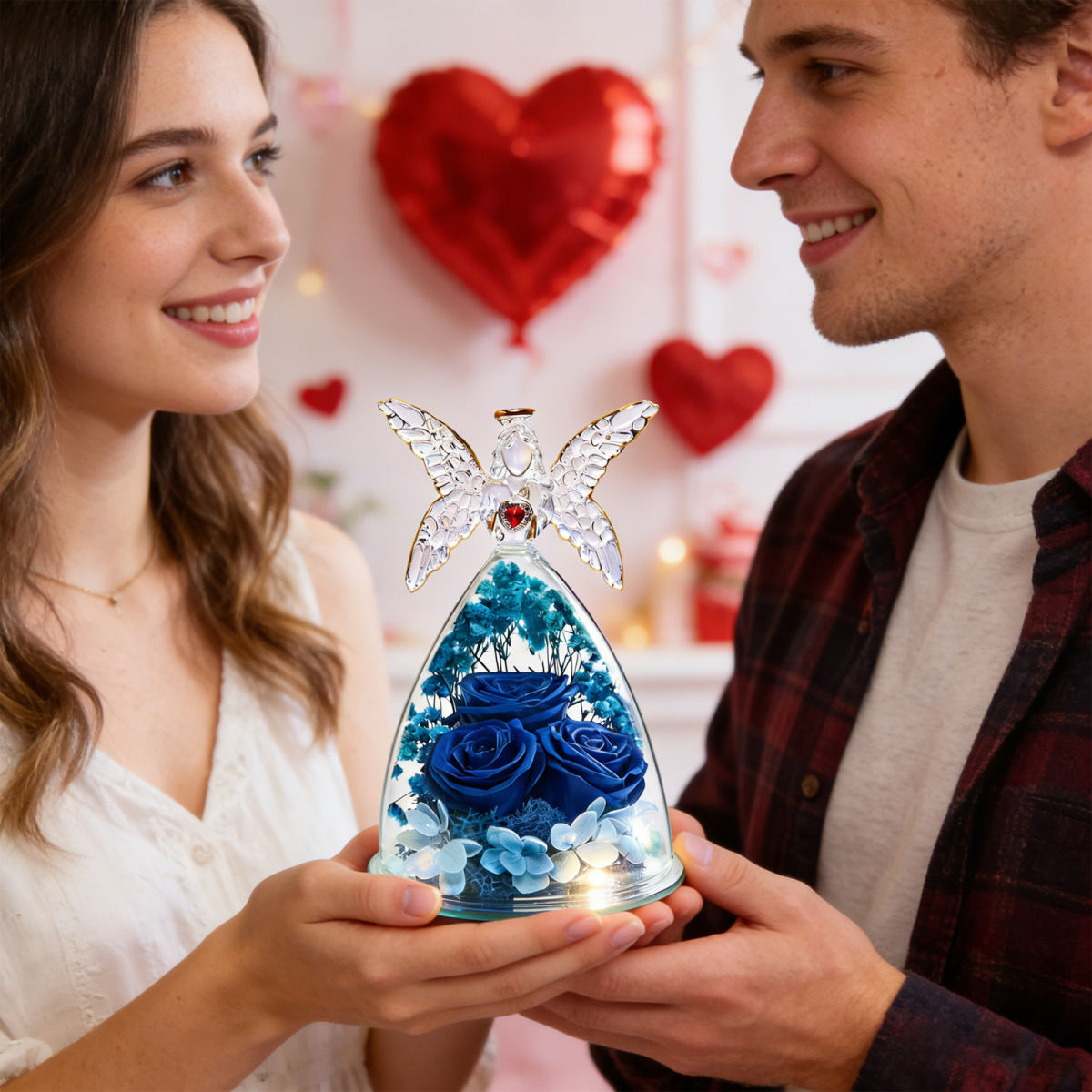 Eternal Rose In A Glass Dome With Angel Figurine, In Blue—A Special Gift Idea And Party Accessory Set