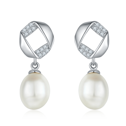 S925 Sterling Silver Natural Freshwater Pearl Dangle Earrings Geometric Pave Drop Pearl Platinum Plated 1.4g Gift Box