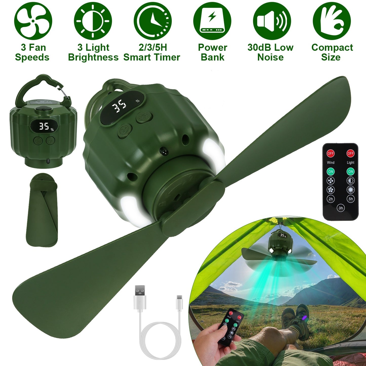 3-in-1 Camping Fan With LED Lantern, Hanging Tent Fan 3 Wind Speeds, Remote Control Timer, USB Power Bank, Low Noise Rechargeable Fan With Battery Display, Detachable Blades For Outdoor Indoor Use