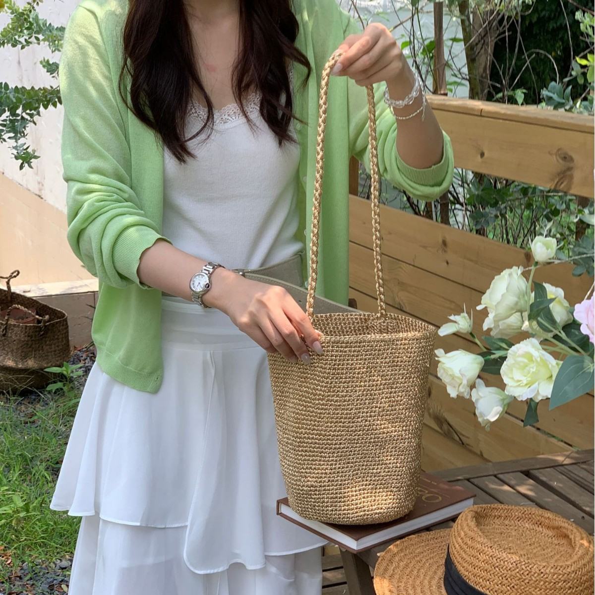 Korean-style Red Handmade Woven Bucket Bag For Women