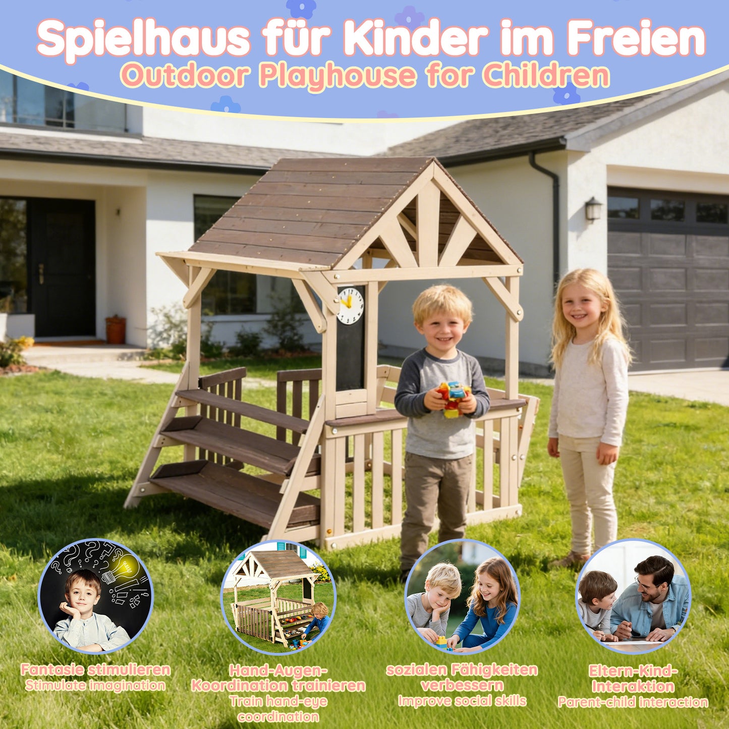 House-Shaped Outdoor Wooden Kitchen Playset With Rainproof Roof And Half-Height Railings, With A Multi-Purpose Plant And Toy Shelf, Suitable For Children 3 Years And Older, Outdoor Playhouse  Grey
