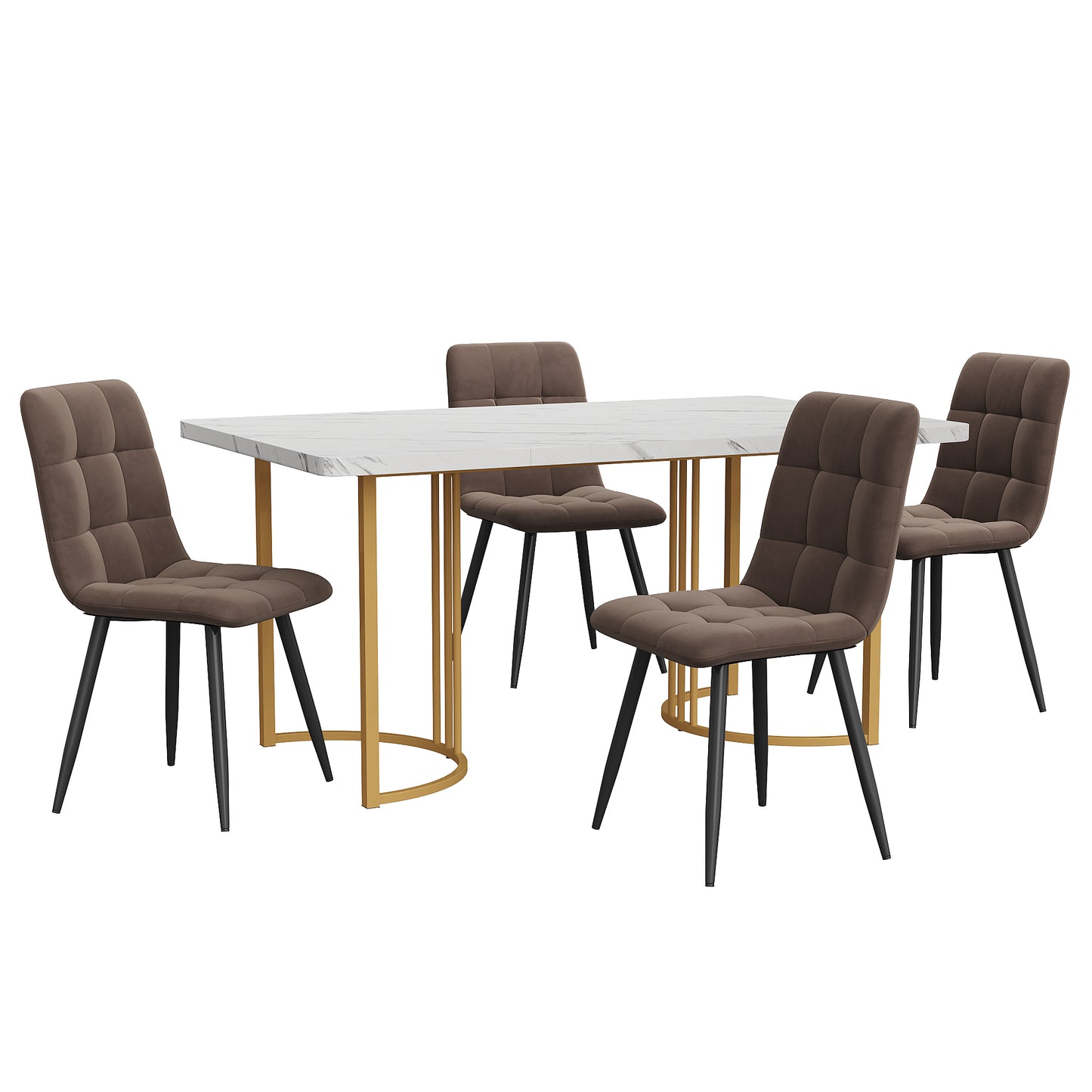 Dining Group 5-Piece,Dining Table With 4 Chairs Set, Modern Kitchen Table Set, 140x80cm Kitchen Table With Golden Metal Legs, MDF Table Top In White,Brown Velvet Dining Chairs