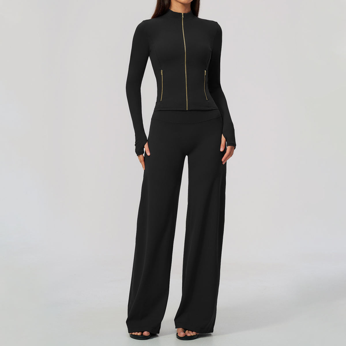 Zip-up Jacket Tummy-control Bootcut Pants, Yoga Outfit