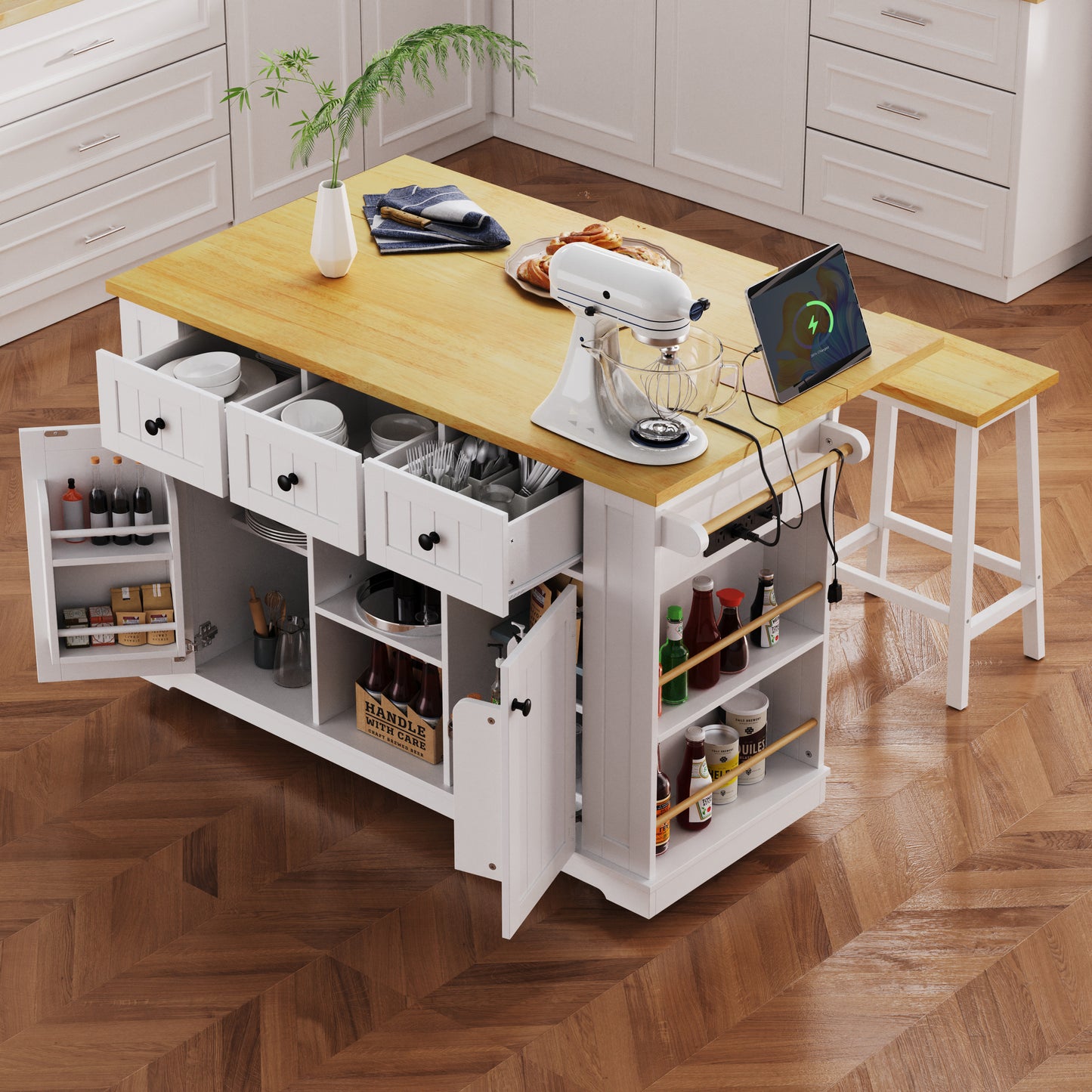 K&K 53inch Large Kitchen Island With Drop Leaf,Power Outlet,Door Internal Storage Rack,Rolling Kitchen Cart On 5 Wheels With 5 Open Side Racks For Kitchen,White  Two Packages  Stools Not Included