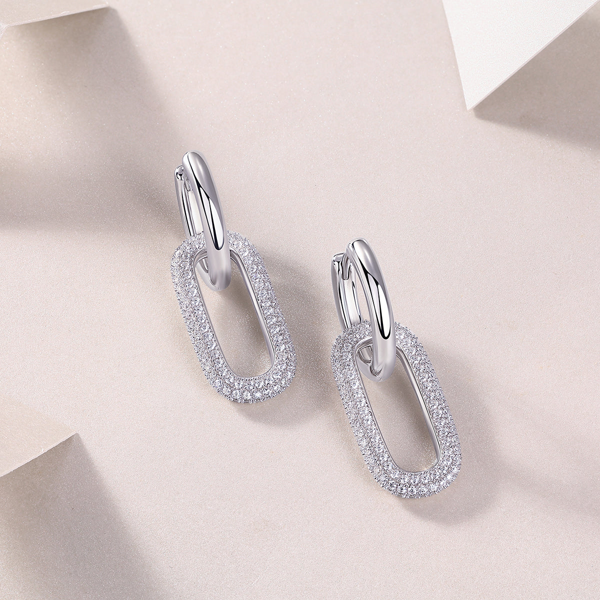 S925 Sterling Silver Geometric Link Drop Earrings, D-VVS1 Moissanite Pave, Platinum Plated 9.4g Women's Jewelry Gift Box