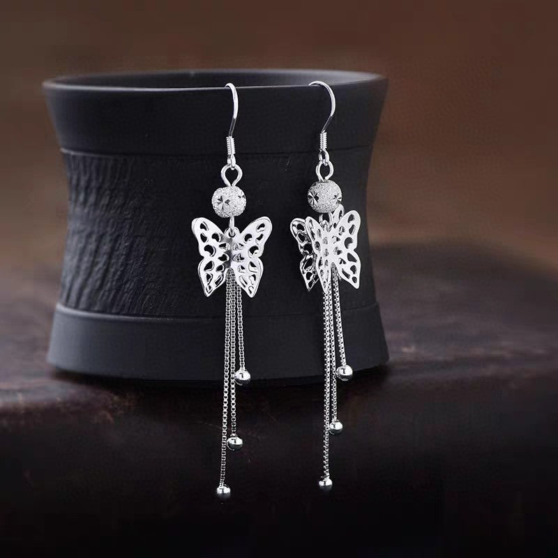 1 Pair Sterling Silver Hollow Butterfly Long Tassel Earrings, Elegant & Slimming, Perfect For Daily, Party & Dating, Ideal Valentine's Gift